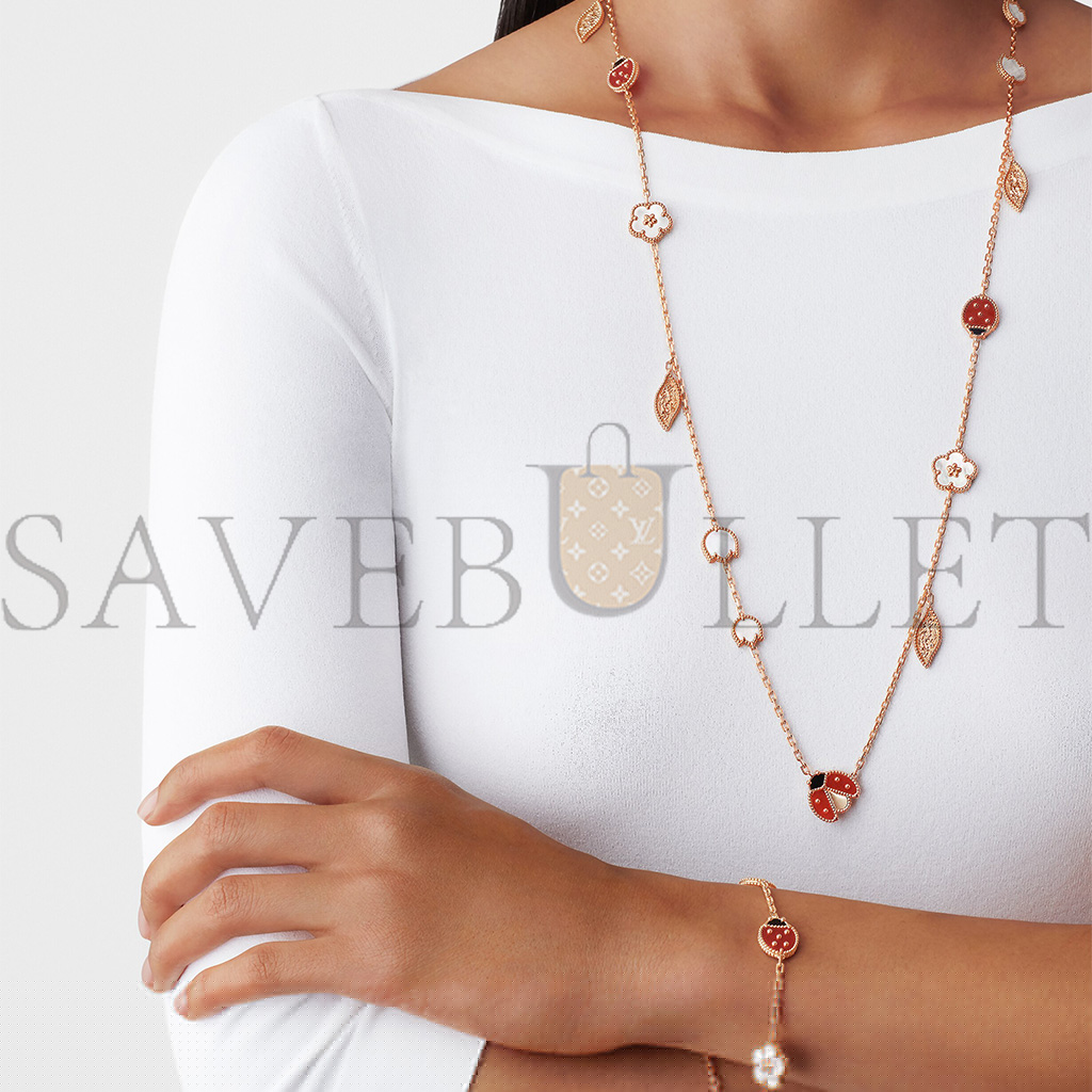 V*N CL*F arpels lucky spring long necklace, 15 motifs - rose gold, carnelian, mother-of-pearl, onyx vcarp7rt00